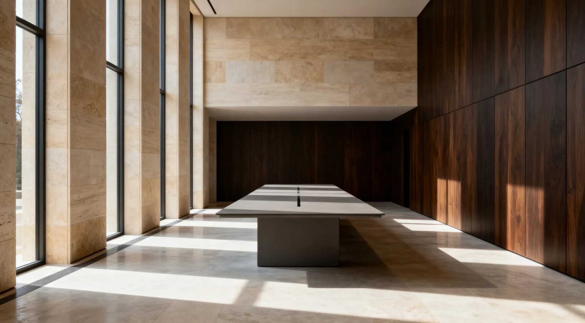 Sala de reuniones del despacho: mesa larga de piedra, luz natural y paneles de madera
